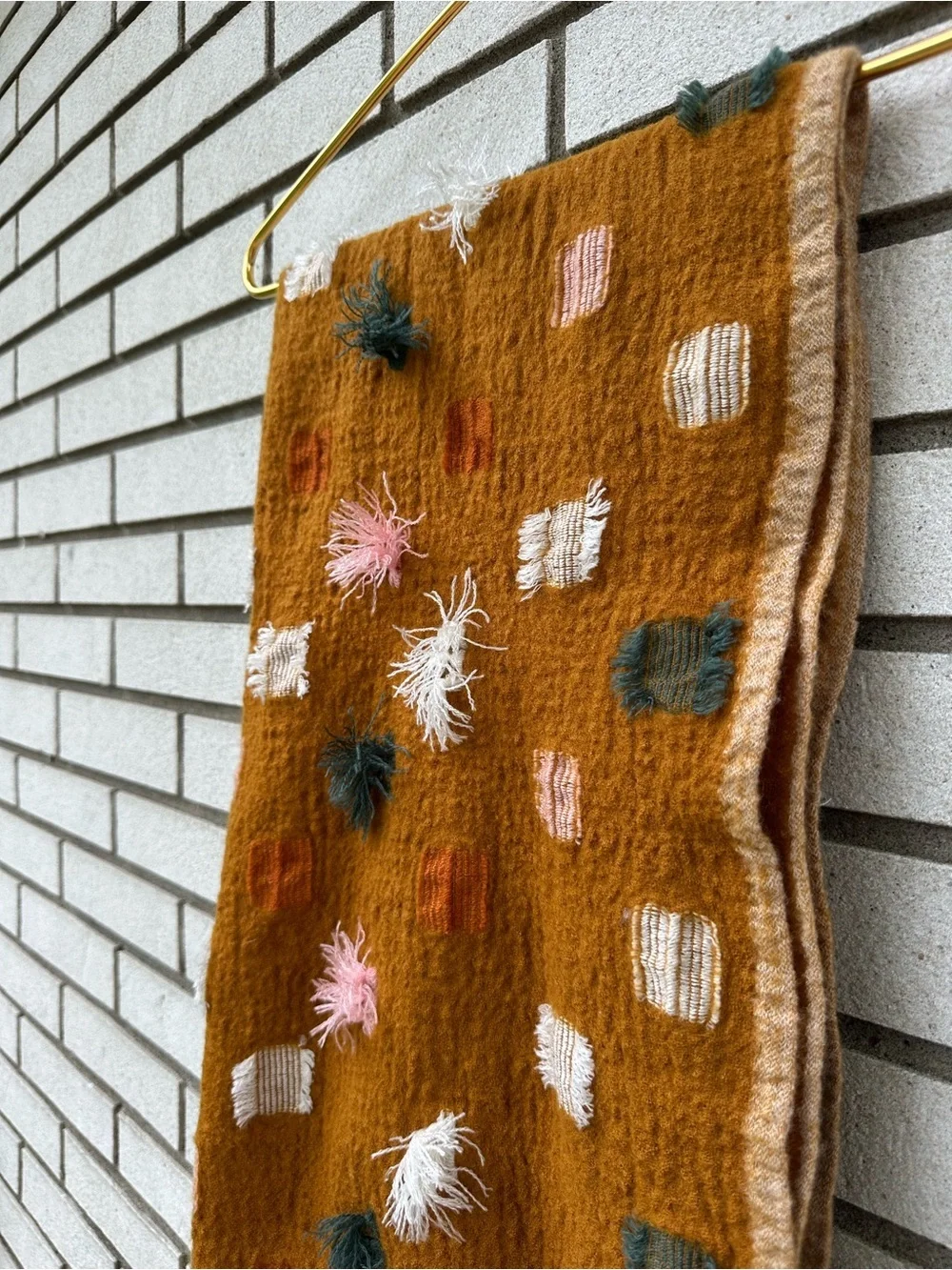 Madewell Wool Blend Textured Fringe Scarf Mustard Boho Artisan Pom Pom
